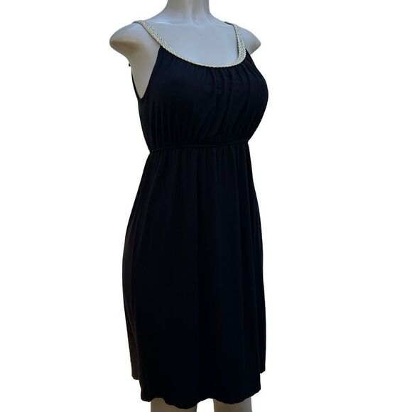 Style & Co Dress Women's Medium Black Gold Braided Trim Elastic Waist Scoop Neck - Picture 1 of 8